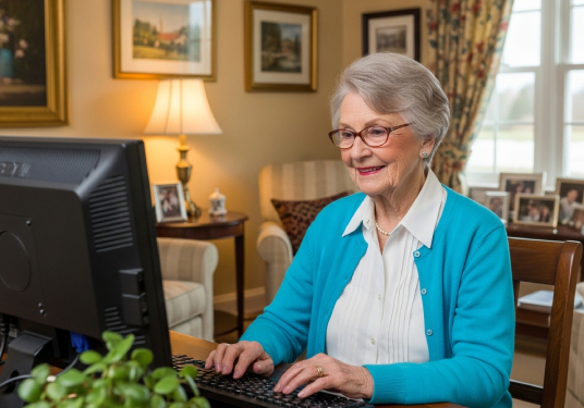 A senior citizen smiling while using a computer.