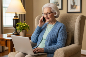 A caring professional helping a senior with a problem.